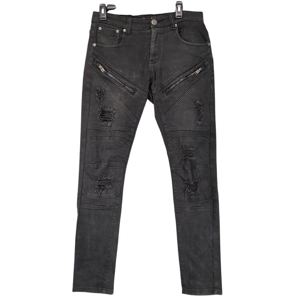 Copper Rivet Denim Black Distressed Moto Jeans Mens 32x32 Zipper Punk Streetwear